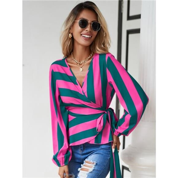 Striped Wrap Blouse with Tie Detail - Picture 4 of 8